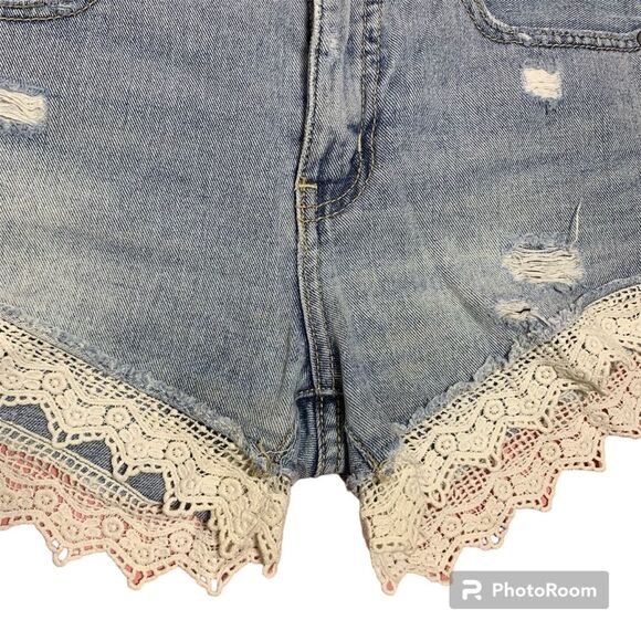 Free People Blue Denim Shorts w/ White Lace trim coquette y2k coSize 24 - Picture 4 of 8